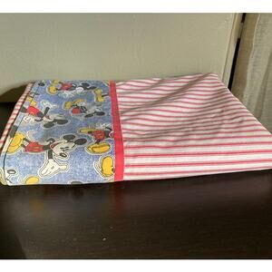 Vintage 1990 Mickey Mouse twin flat sheet - red ticking stripes